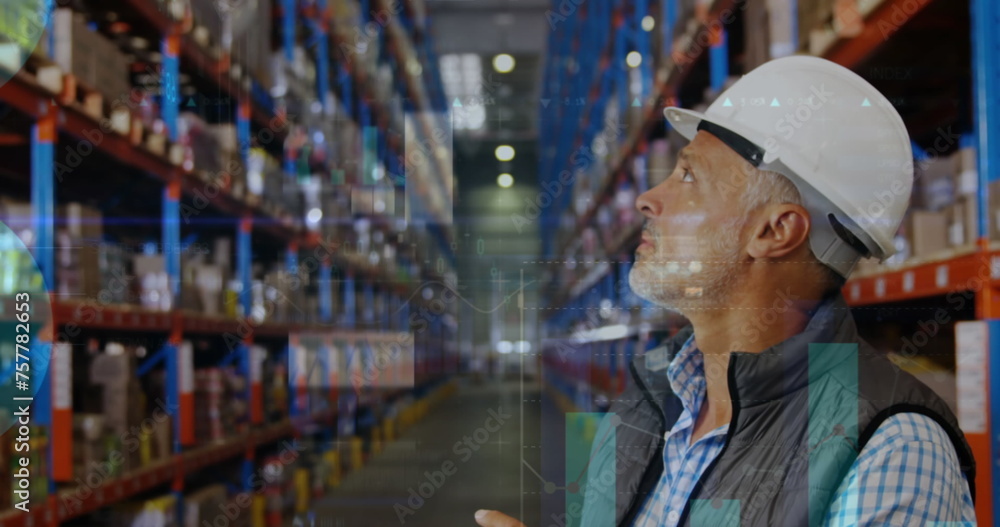 Image of data processing over man working in warehouse