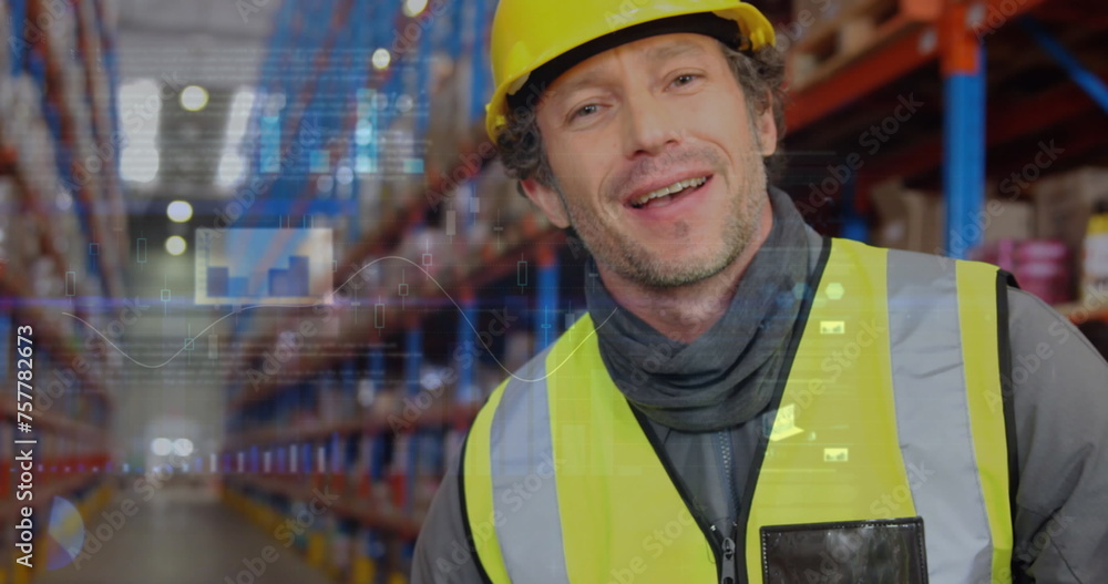 Image of data processing over man working in warehouse Image of data processing over man working in warehouse