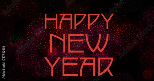 Image of happy new year text over shapes and fireworks on black backrgound