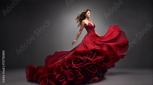 Elegant woman twirling in a red dress