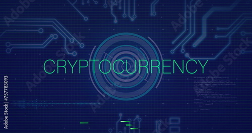 Image of cryptocurrency text, circuit board and data processing