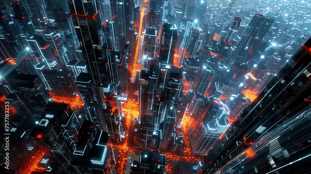 Futuristic Cyberpunk Cityscape with Neon Lights and Dynamic Motion