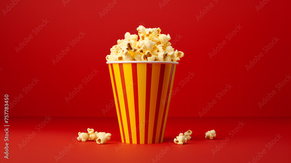 Popcorn view in red cup above yellow background ..