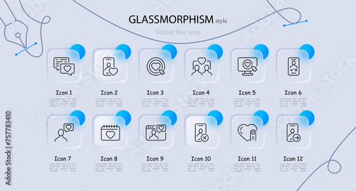 Dating site icon set. Chat, correspondence, monitor, smartphone, like, appearance, relationship, heart. Glassmorphism style. Vector line icon for business and advertising