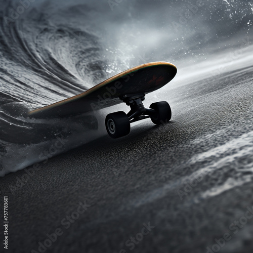 Close-up of a surf skate on charcoal-textured asphalt detail in motion photo