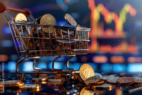 Intricately detailed shopping cart overflowing with euro coins and a rising sparkline chart in the background 3D photo