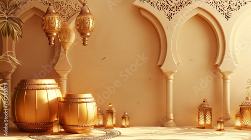Islamic display decoration composition with 3d realisic traditional bedug drum and ketupat Eid Mubarak and Ramadan Kareem 