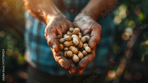 Farmer hands offering peanuts with a golden sunlight flare in the rural scenery photo
