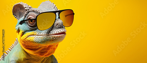 Portrait of smilling chameleon with sunglasses on yell © levit
