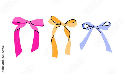 Set of various cartoon bow knots, gift ribbons. Trendy hair braiding accessory. Hand drawn vector illustration.