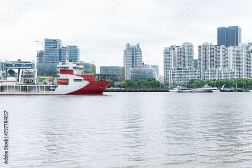 The landmark platform of the modern commercial city and the urban yacht wharf - the prosperous scene with the background of Shanghai Global Financial Center photo