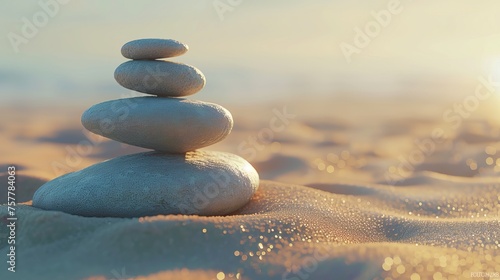 Zen Stones in Balance on Sandy Beach at Sunset - Tranquility and Harmony