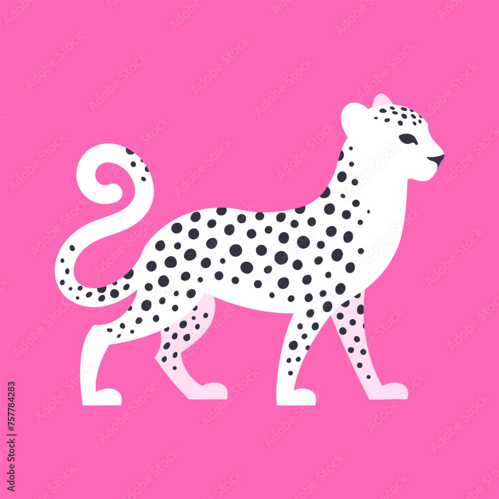 Fototapeta premium Beautiful white spotted leopard on a bright pink background. Graphic flat vector illustration of a wild feline animal.