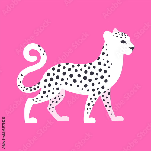 Beautiful white spotted leopard on a bright pink background. Graphic flat vector illustration of a wild feline animal.
