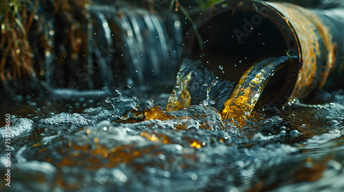Close up of water flowing from a pipe into a river