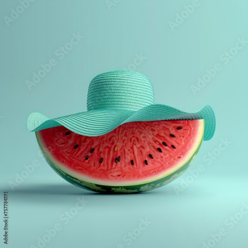 A vividly colored watermelon slice adorned with a stylish green sun hat on an aqua background