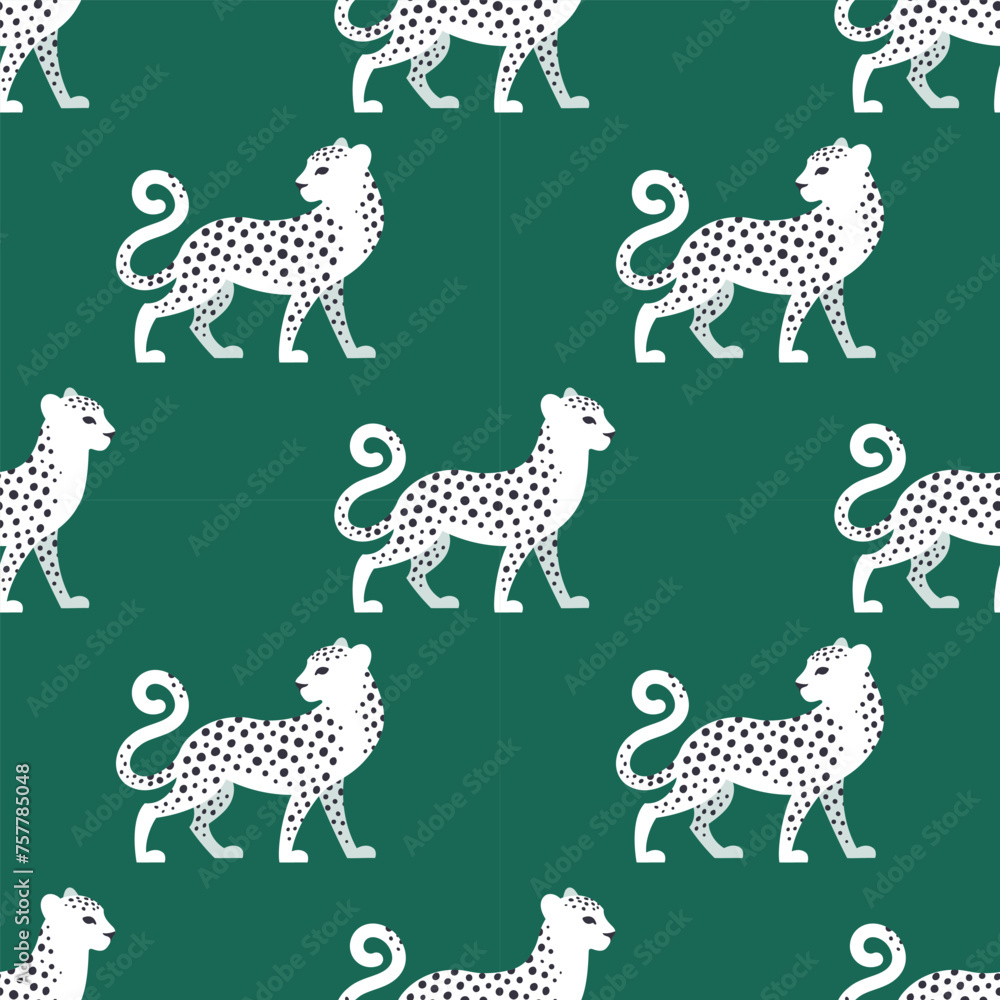 Obraz premium Modern seamless pattern with white spotted leopards on emerald background for textile, fabric, wallpaper, wrapping.