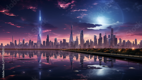 Futuristic City with cyberpunk building and skyline with reflection. Panoramic view illustration style. 