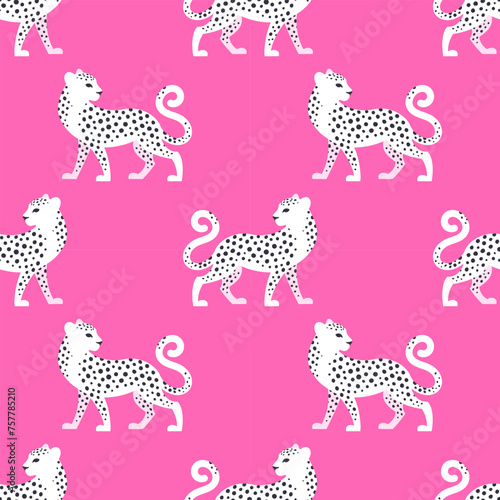 Modern seamless pattern with white spotted leopards on a pink background for textile  fabric  wallpaper  wrapping.