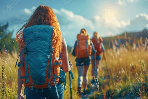 Group of People Hiking Through Field