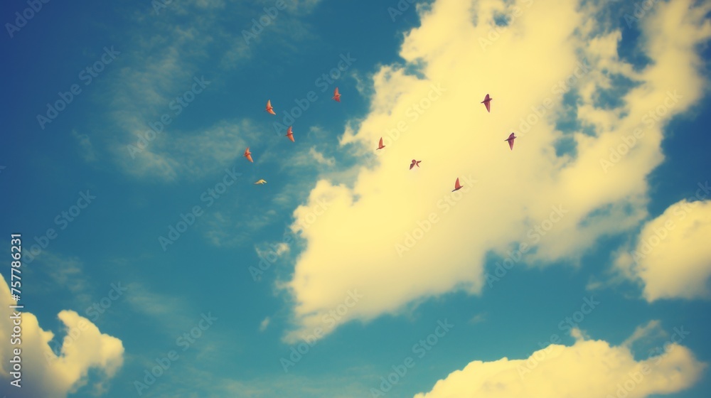 Blue sky background with birds. peaceful and serene nature scene for design projects