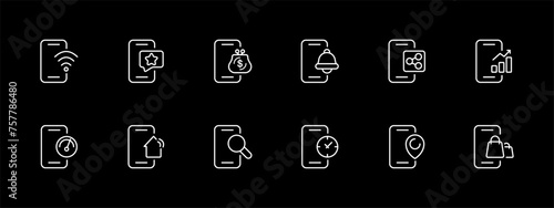 Smartphone icon set. Application, online shopping, wallet, schedule, charging, gadget, Internet, Wi-Fi. White line icon on black background. Vector line icon for business and advertising