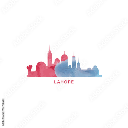 Lahore city watercolor cityscape skyline, panorama vector flat modern logo, icon. Pakistan megapolis emblem concept with landmarks and building silhouettes. Isolated graphic