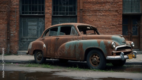 old corroded car left on street with brick buildings © Amir Bajric