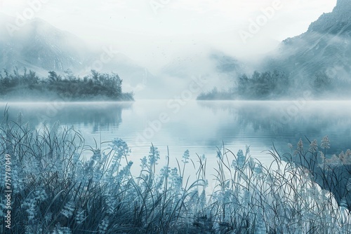Misty Lake Surrounded by Mountains