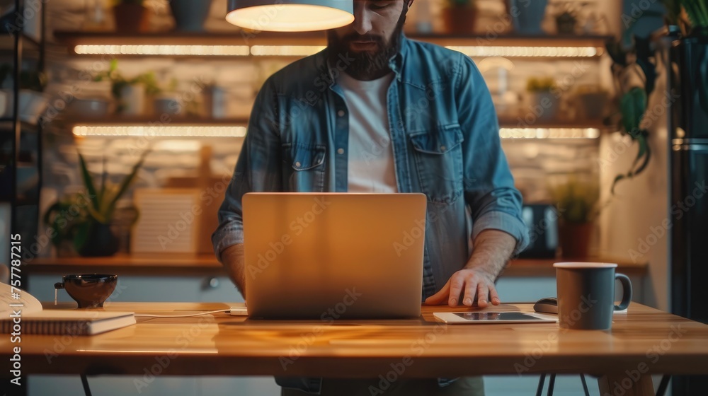 Young man working on laptop computer at home office. Male hands typing on keyboard Young man working on laptop computer at home office. Male hands typing on keyboard