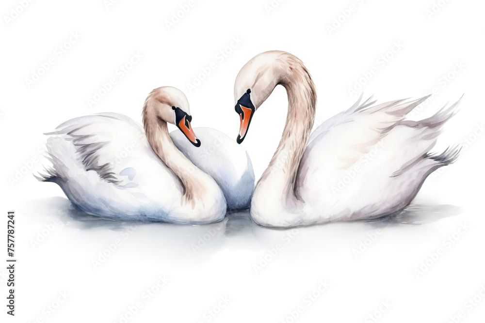 isolated Handmade white Watercolor Swans Illustration background isolated Handmade white Watercolor Swans Illustration background