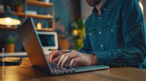 Young man working on laptop computer at home office. Male hands typing on keyboard photo