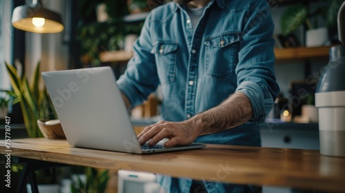 Young man working on laptop computer at home office. Male hands typing on keyboard photo