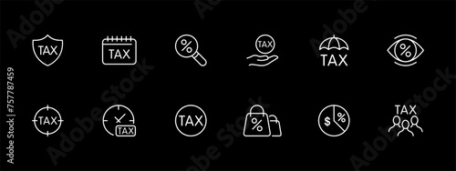 Taxes icon set. Loan, interest rate, sight, tax evasion, pie chart, bank. Pastel color background. White line icon on black background. Vector line icon for business and advertising