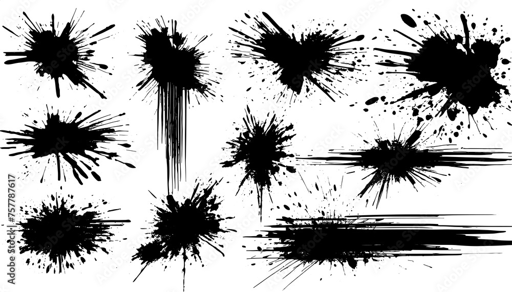 set of black splash illustration, black brush stock , grunge paint ,isolated on a transparent background. PNG, cutout, or clipping path.	
