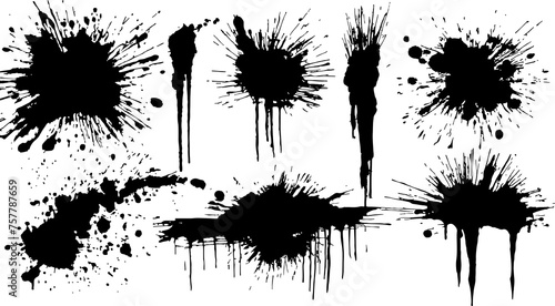 Ink splashes. Black inked splatter dirt stain splattered spray splash with drops blots isolated. Ink splashes stencil. 