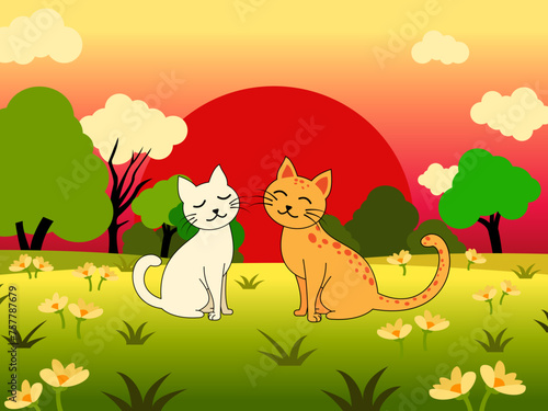 Vector background created by many objects set up to the garden and two cats in flat style