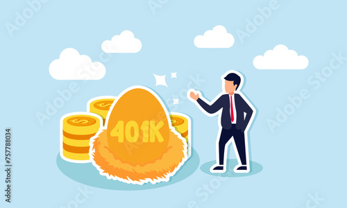 401K investment, tax deferred mutual fund for financial success in retirement concept, happy young businessman investor stand with wealthy golden egg with word 401K and dollar money coin stack.