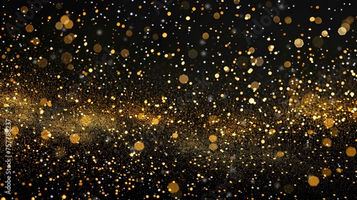 Abstract gold background. Gold glitter texture on black background. Golden explosion of confetti for celebration or festival copy space 