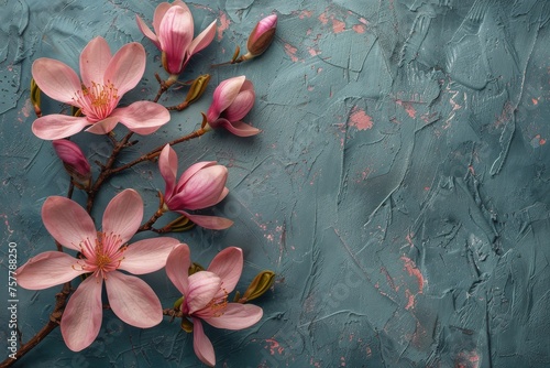 Pink Flowers on Blue Background
