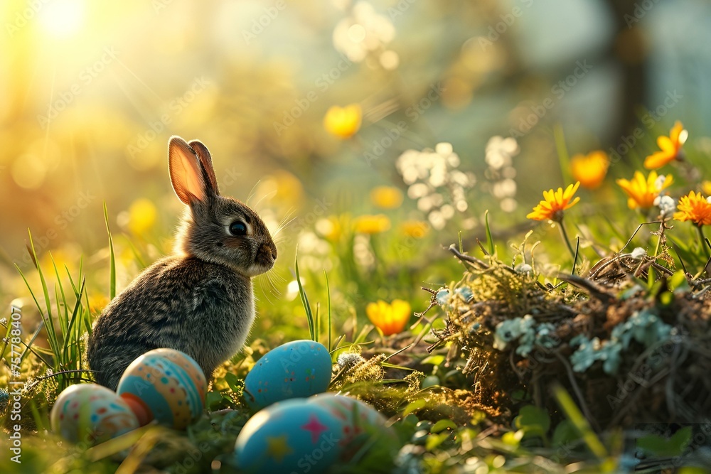 Rabbit among colorful eggs and flowers
