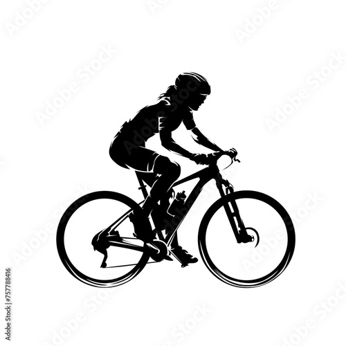 Woman riding a mountain bike, side view, isolated vector silhouette