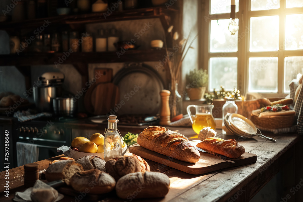 Freshly baked sourdough bread and pastries on a rustic kitchen counter