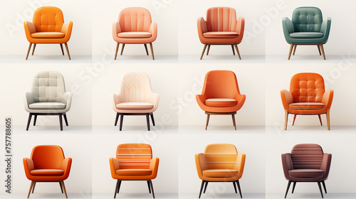 Set of Modern armchair isolated on white background. Colorful style chairs collection. 