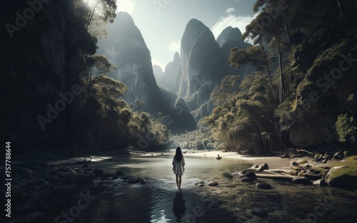 A woman explores new, magical, and fantastic places around the world, surrounded by nature. Female hiker crossing the forest creek