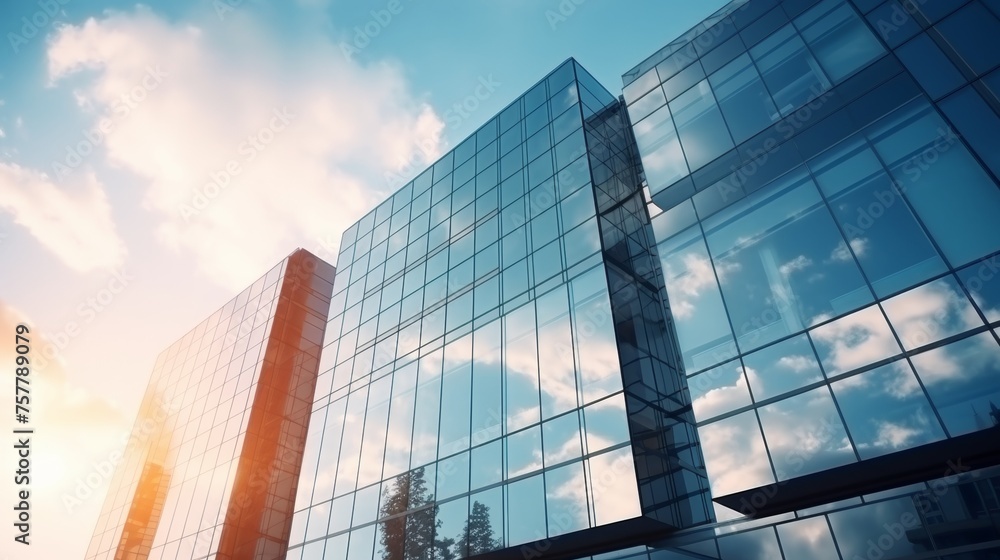 Modern office building or business center. High-rise window buildings made of glass reflect the clouds and the sunlight. empty street outside wall modernity civilization. growing up business Modern office building or business center. High-rise window buildings made of glass reflect the clouds and the sunlight. empty street outside wall modernity civilization. growing up business