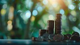 Money coin stack growing graph with tree bokeh background, investment concept.Business Finance and Save Money concept