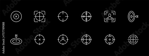 Sight icon set. Collimator, military technology, killer, mercenary, military conflict. White line icon on black background. Vector line icon for business and advertising