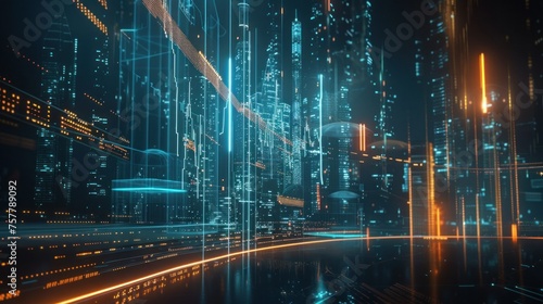  dynamic graphic visualization of stock market data, with rising and falling curves in a holographic display, symbolizing the fast-paced nature of financial technology in the business sector