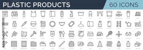 Set of 60 outline icons related to plastic products. Linear icon collection. Editable stroke. Vector illustration